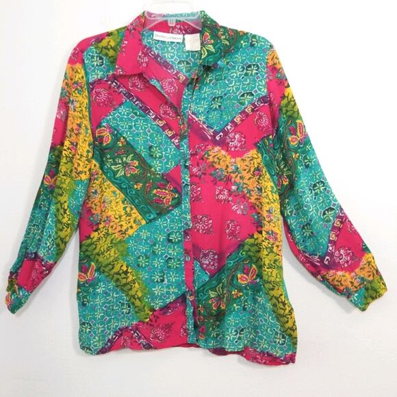 Vibrant patchwork floral rayon button front shirt - Picture 2 of 9
